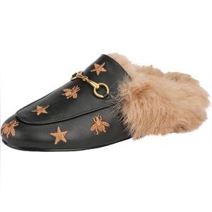 Fur Mules Leather Slip-on Loafers Flats Slide Shoes w/ embroidered stars & bees